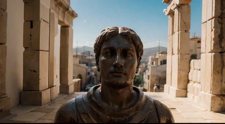 Ancient Stoic Statue With Very Angry Expression, tem barba, muitos detalhes em ambos os olhos, Outside, fundo atenas grego, open sky, com rosto extremamente detalhado full body view, Colors with low saturation with dark tone, Filmado em Sony A7S III com So...