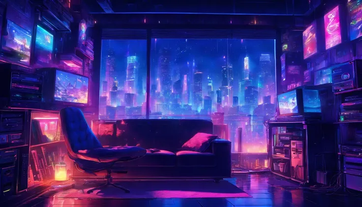 Music study room,dim room, Noche, ordenador, teclado, auricular, Monitorizar el altavoz, Small Lights, fondo, sofa, lluvia, cielo nocturno, Ciudad Nocturna, absurdos, cyberpunk, A high resolution, ultrasharp, 8k, Obra maestra