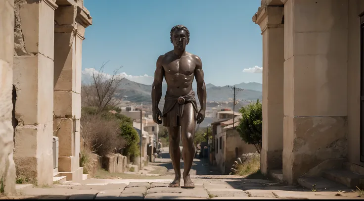 Ancient Stoic Statue With Very Angry Expression, tem barba, muitos detalhes em ambos os olhos, Outside, fundo atenas grego, open sky, com rosto extremamente detalhado full body view, Colors with low saturation with dark tone, Filmado em Sony A7S III com So...