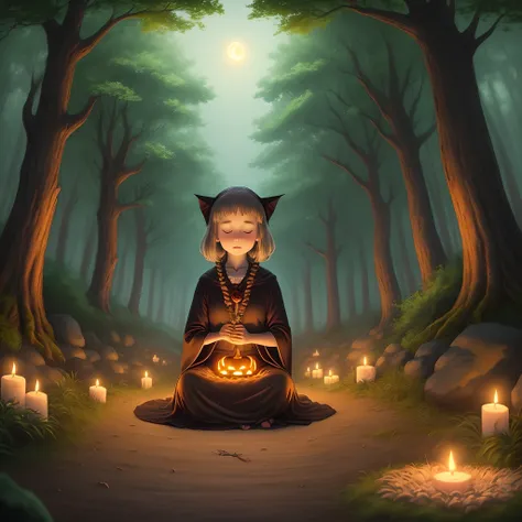 Samhain, pagans, witches, celebration, druid, little girl, meditating, anime, studio ghibli style, forest, high quality, spiritual, connection