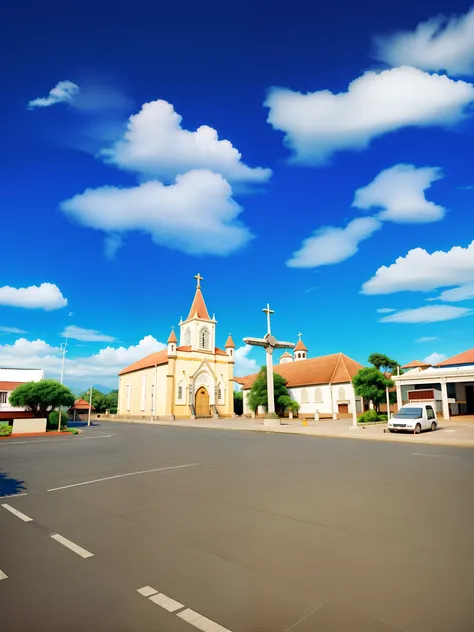 a church with a square in freight where there is a cruise, contra o pano de fundo de casas