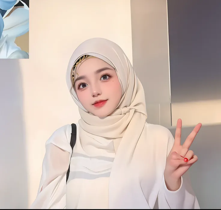 there is a woman in a hijab posing for a picture, inspired by Naza, white hijab, realism artstyle, with accurate face, with kind face, with lovely look, with index finger, inspired by Fathi Hassan, inspired by Shaddy Safadi, inspired by Nil Gleyen, with cu...