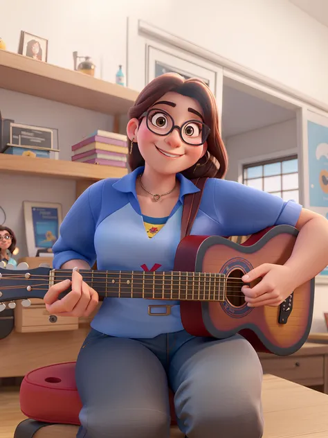 a woman with glasses, Sitting with a guitar, sorrindo, estilo Disney Pixar, alta qualidade, melhor qualidade