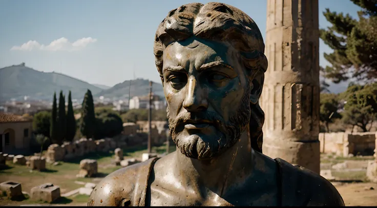 Ancient Stoic Statue With Very Angry Expression, tem barba, muitos detalhes em ambos os olhos, Outside, fundo atenas grego, open sky, com rosto extremamente detalhado full body view, Colors with low saturation with dark tone, Filmado em Sony A7S III com So...