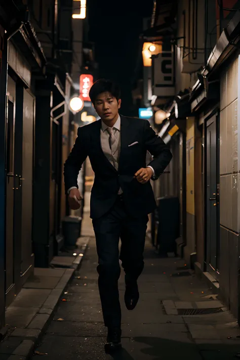 A South Korean man, dressed in a suit, running through a dark alley at night