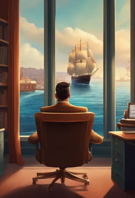 A Disney Pixar-inspired movie poster featuring a man in his 35s with his hair slicked back, The setting is an office with glass windows facing a ship harbor