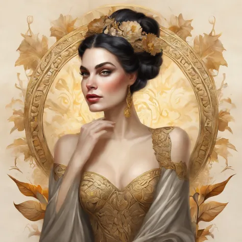 uma pintura de uma mulher com um cocar dourado e um vestido preto, Mucha Klimt e Tom Bagshaw, WLOP complexo, exquisite digital illustration, Bel arte UHD 4K, Arte digital altamente detalhada em 4k, stunning digital illustration, karol bak uhd, uma bela imp...