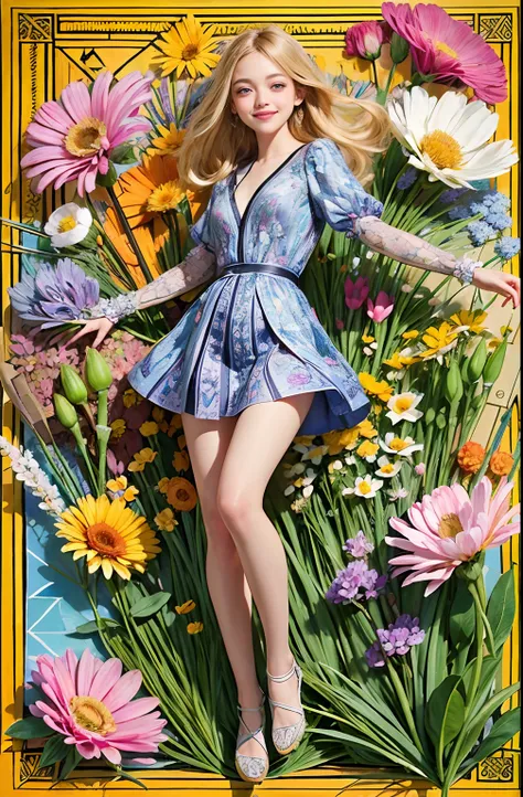 (ultra-detailed background, detailed background), blonde happy smiling similar to Amanda Seyfried, full body, absurdres, highres, ultra detailed, extremly detailed, 1girl, (bunch of flowers:1.3), (zentangle:1.2), (geometric:1.2),(colorful),