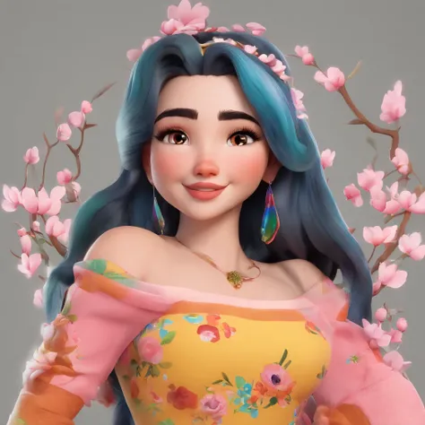 Crie uma arte bem definida estilo Disney pixar com uma mulher de 40 anos cabelos loiros com mechas azul nas pontas , Long hair fluttering in the wind, vestindo um top rosa , fazendo o simbolo paz e amor , com as unhas compridas pintadas, sorrindo com boche...