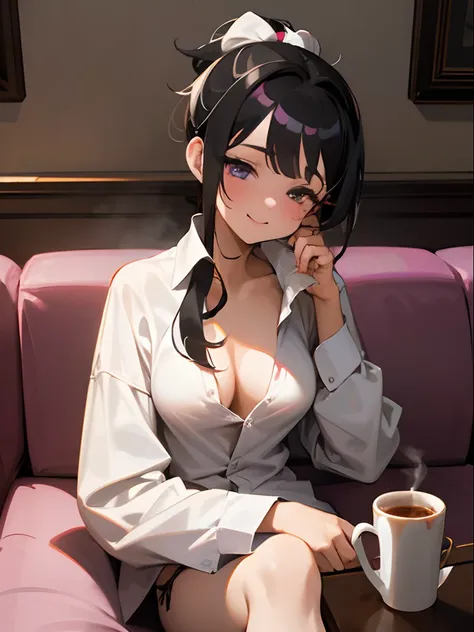 Masterpiece, girl, solo, hair tied up, (black hair with white highlights:1.5), dark purple eyes, tiny boobs, small boobs, pointy breasts, [pink panties], shirt, oversized shirt, baggy shirt, shirt shaping breasts, shirt covering panties, [nipple], modern h...