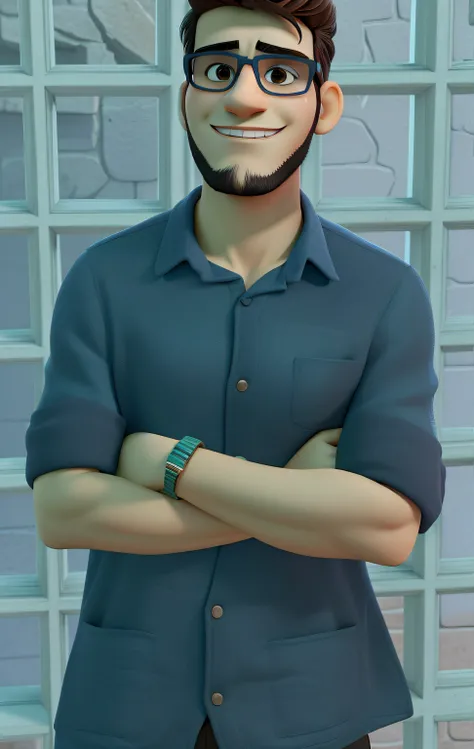 um homem jovem de 25 anos, pouca barba loira, transparent glasses, jovem  moreno de origem europeia, estilo gangster, estilo disney pixar, alta qualidade, melhor qualidade