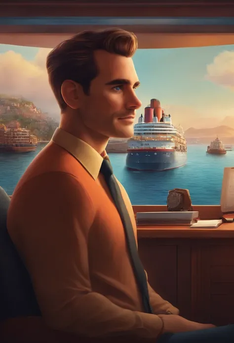 A Disney Pixar-inspired movie poster featuring a man in his 35s with his hair straight back, The setting is an office with glass windows facing a ship harbor