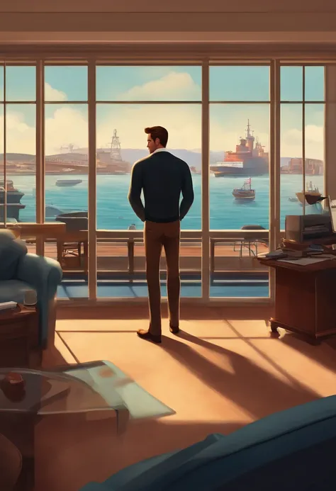 A Disney Pixar-inspired movie poster featuring a man in his 35s with his hair straight back, The setting is an office with glass windows facing a ship harbor