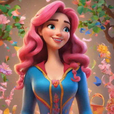 Crie uma arte bem definida estilo Disney pixar com uma mulher de 40 anos gordinha pluz size  cabelos loiros com mechas azul nas pontas , Long hair fluttering in the wind, vestindo um top rosa , fazendo o simbolo paz e amor , com as unhas compridas pintadas...