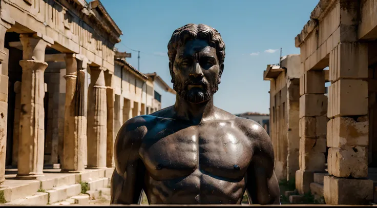 Ancient Stoic Statue With Very Angry Expression, tem barba, muitos detalhes em ambos os olhos, Outside, fundo atenas grego, open sky, com rosto extremamente detalhado full body view, Colors with low saturation with dark tone, Filmado em Sony A7S III com So...