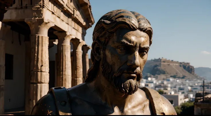 Ancient Stoic Statue With Very Angry Expression, tem barba, muitos detalhes em ambos os olhos, Outside, fundo atenas grego, open sky, com rosto extremamente detalhado full body view, Colors with low saturation with dark tone, Filmado em Sony A7S III com So...