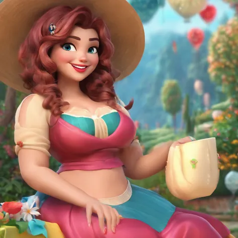 Crie uma arte bem definida estilo Disney pixar com uma mulher de 40 anos  gorda , plus size cabelos loiros com mechas azul nas pontas, olhos castanho , Long hair fluttering in the wind, vestindo um top rosa , fazendo o simbolo paz e amor , com as unhas com...