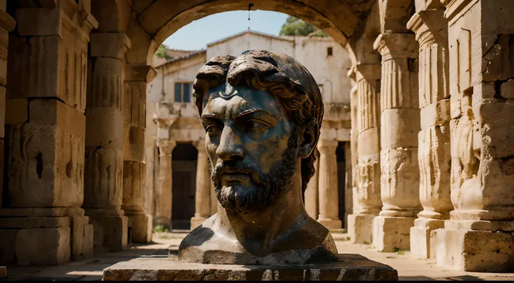 Ancient Stoic Statue With Very Angry Expression, tem barba, muitos detalhes em ambos os olhos, Outside, fundo atenas grego, open sky, com rosto extremamente detalhado full body view, Colors with low saturation with dark tone, Filmado em Sony A7S III com So...