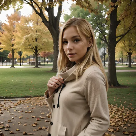 Sexy blond girl in the park in autumn with falling leaves