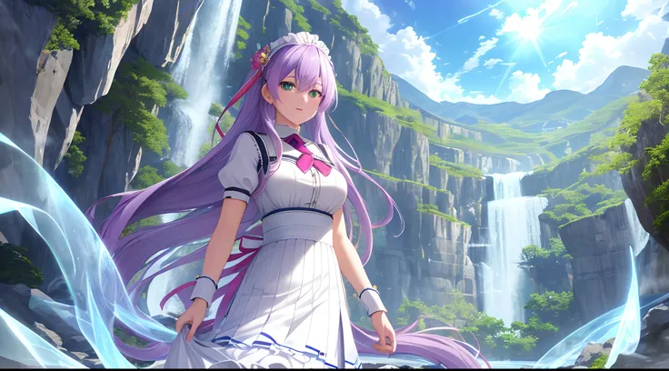 Athena with plain long light purple hair,hair between eyes,green eyes,rosy cheeks,full lips,thin eyebrows,slender body,wearing maid uniform and full long skirt,cute anime girl,full body,ice cave river in background,anime style,Lumen Reflections,Screen Spac...