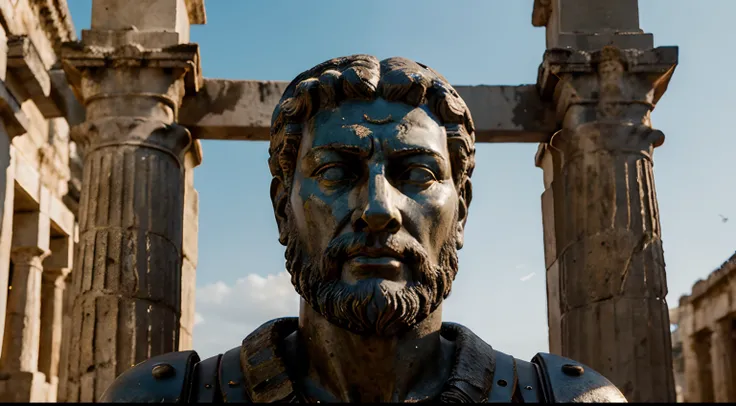 Ancient Stoic Statue With Very Angry Expression, tem barba, muitos detalhes em ambos os olhos, Outside, fundo atenas grego, open sky, com rosto extremamente detalhado full body view, Colors with low saturation with dark tone, Filmado em Sony A7S III com So...