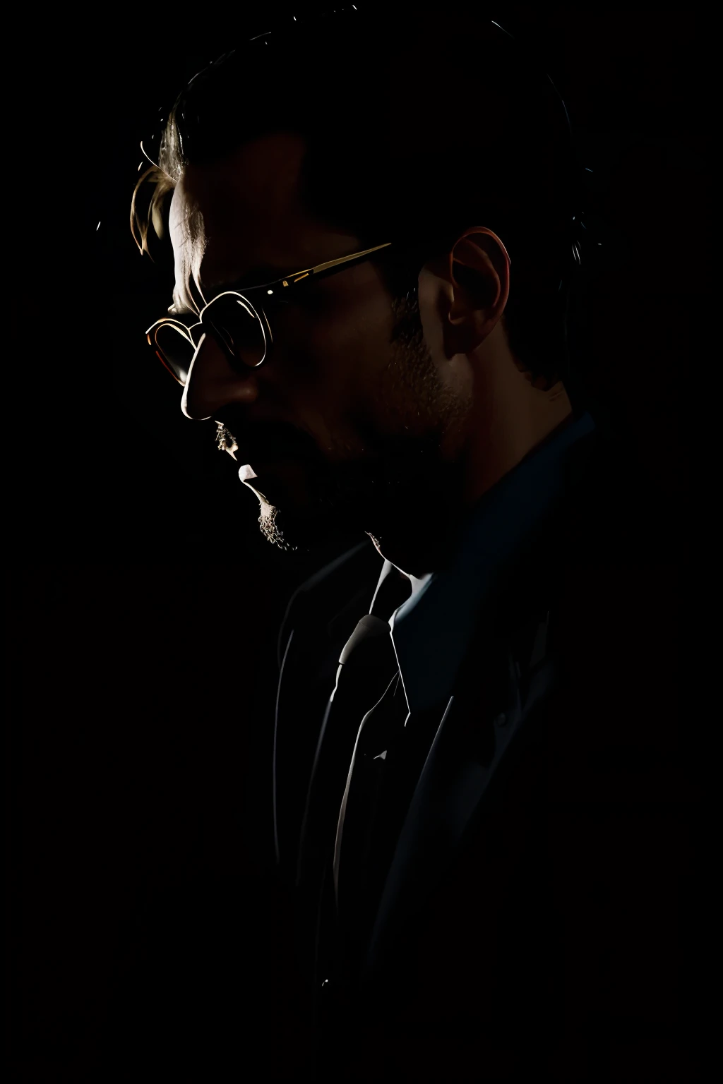 Portraiture, portraite of a, Cinematic shot, Silhouette of a skinny crazy man 40 years old in the dark in a shabby suit, Man with glasses, You cant see your face, face hidden, Holding His Head, Silhouette in the dark