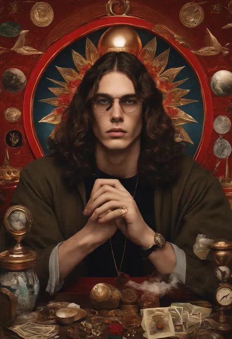 Image of a 21-year-old man with long, slightly curly hair wearing Rick Owens smoking a joint with red eyes surrounded by icons of world conspiracies