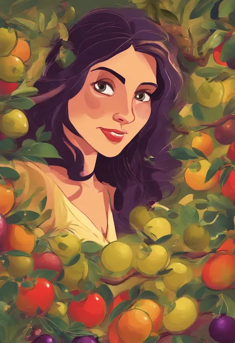 Create a Pixar-style poster about a 47-year-old woman with shoulder-length dark hair using extra virgin olive oil and olives in the kitchen. The style should be inspired by Pixar films with very detailed expressions and vibrant colors.