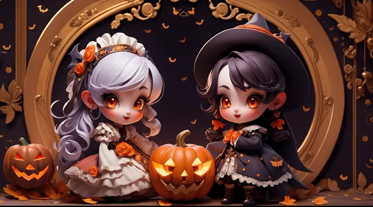 (masterpiece), (((highest quality)), (hightly detailed), create a cute halloween illustration of two vampires in love, epic artw...