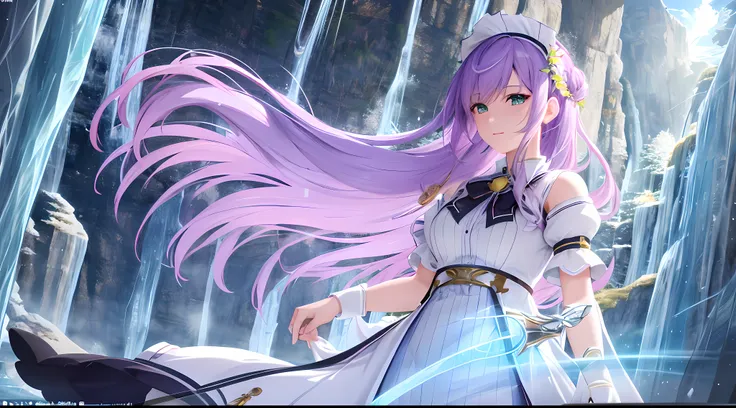 Athena with plain long light purple hair,hair between eyes,green eyes,rosy cheeks,full lips,thin eyebrows,slender body,wearing maid uniform and full long skirt,cute anime girl,full body,ice cave river in background,anime style,Lumen Reflections,Screen Spac...