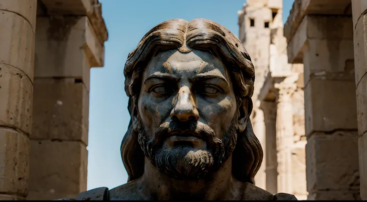 Ancient Stoic Statue With Very Angry Expression, tem barba, muitos detalhes em ambos os olhos, Outside, fundo atenas grego, open sky, com rosto extremamente detalhado full body view, Colors with low saturation with dark tone, Filmado em Sony A7S III com So...