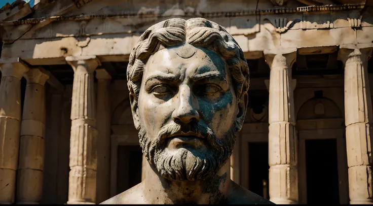 Ancient Stoic Statue With Very Angry Expression, tem barba, muitos detalhes em ambos os olhos, Outside, fundo atenas grego, open sky, com rosto extremamente detalhado full body view, Colors with low saturation with dark tone, Filmado em Sony A7S III com So...