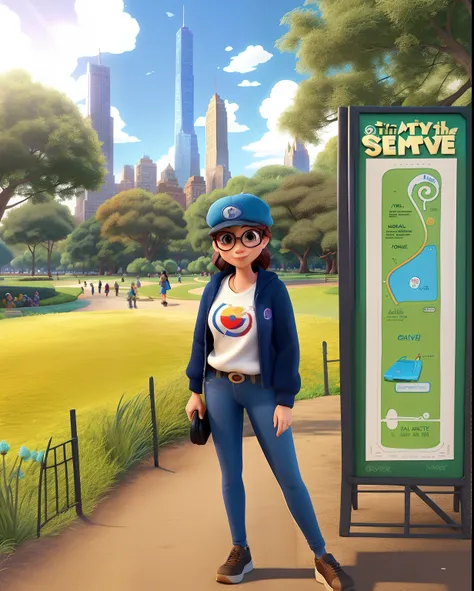 A movie poster  inspired by the signature digital art style of Disney Pixar. A woman in a cap and sunglasses posing for a photo in Central Park The background should be rich in vibrant colors, complemented by meticulous textures reminiscent of Pixars renow...