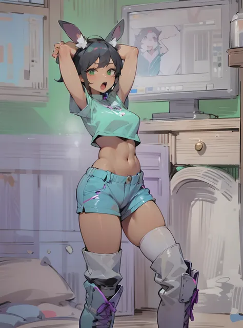 1girl, solo, fit, large hips, toned, tanned skin, knee high boots, thigh high socks, short shorts, crop top, black hair with purple tips, green eyes, stretching, yawning,looking at viewer, bedroom,bunny ears, expressive, 5 foot 5 inches