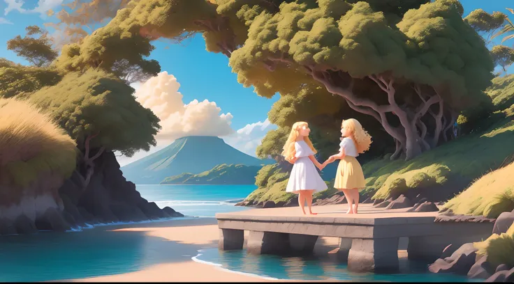 Desenhe duas meninas no estilo pixar. The setting is the big island, Angra. One is tall, ruiva, branca e de olhos castanhos, usamdo oculos de sol. The other is blonde, baixa, branca, cabelos na altura do ombro e olhos azuis.