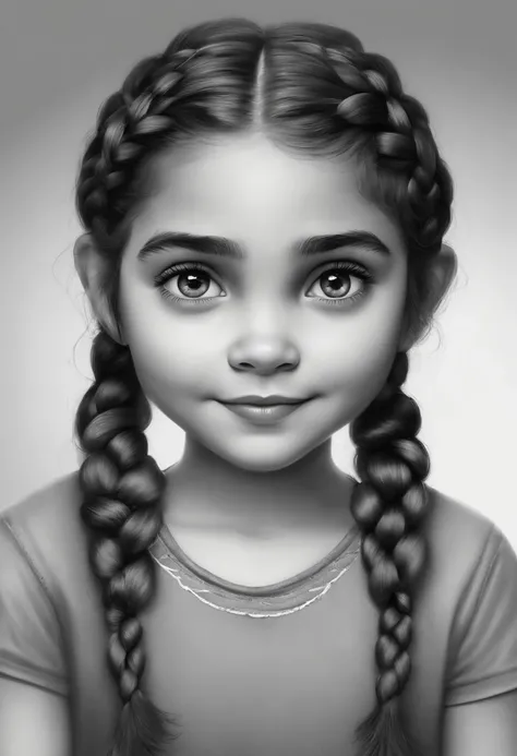 Uma imagem de uma menina estilo desenho da pixar, ela tem quatro anos, She wears two braids in her hair and has a beautiful smile and big eyes