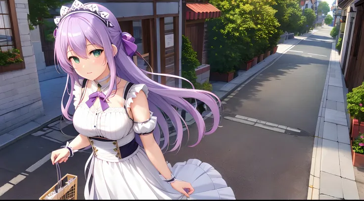 Athena with plain long light purple hair,hair between eyes,green eyes,rosy cheeks,full lips,thin eyebrows,slender body,wearing maid uniform and full long skirt,cute anime girl,full body,grocery shops in medieval street in background,anime style,Lumen Refle...