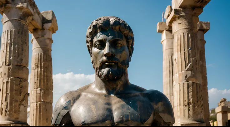 Ancient Stoic Statue With Very Angry Expression, tem barba, muitos detalhes em ambos os olhos, Outside, fundo atenas grego, open sky, com rosto extremamente detalhado full body view, Colors with low saturation with dark tone, Filmado em Sony A7S III com So...