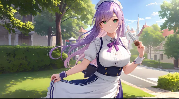 Athena with plain long light purple hair,hair between eyes,green eyes,rosy cheeks,full lips,thin eyebrows,slender body,wearing maid uniform and full long skirt,cute anime girl,full body,grocery shops in medieval street in background,anime style,Lumen Refle...