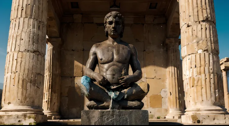 Ancient Stoic Statue With Very Angry Expression, tem barba, muitos detalhes em ambos os olhos, Outside, fundo atenas grego, open sky, com rosto extremamente detalhado full body view, Colors with low saturation with dark tone, Filmado em Sony A7S III com So...