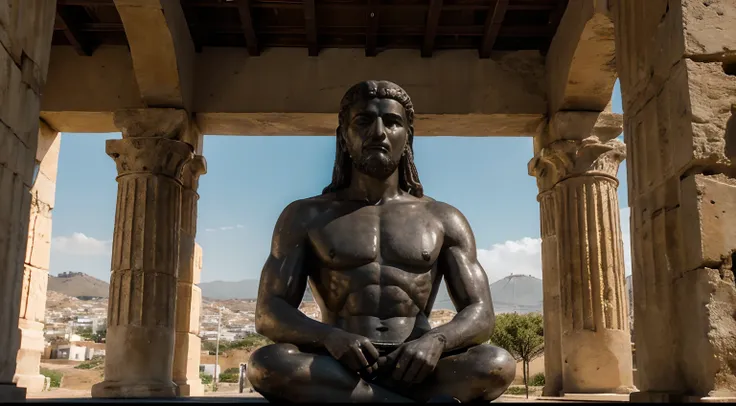 Ancient Stoic Statue With Very Angry Expression, tem barba, muitos detalhes em ambos os olhos, Outside, fundo atenas grego, open sky, com rosto extremamente detalhado full body view, Colors with low saturation with dark tone, Filmado em Sony A7S III com So...