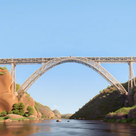 A bridge under rock walls and a river in Disney Pixar style, qualidade alta, melhor qualidade