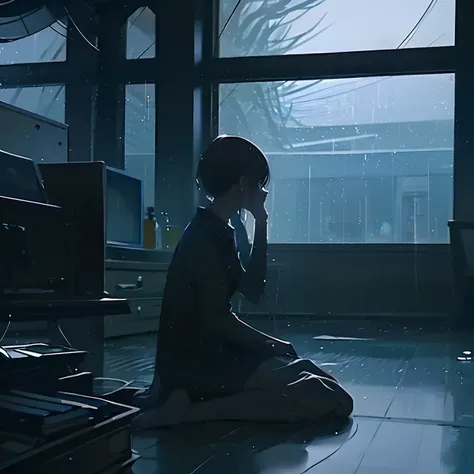 Dark indoor,Woman Without a Face,Sitting in front of a computer,artistic,Rain outside the window,1人,Long