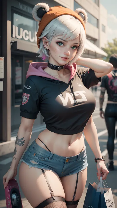 gwen tennyson,tracer,yorha 2b,yshtola rhul,overwatch,nier automata,mecha pilot,shopping center,tattoos,orange and pink plugsuit,white short sleeve top,denim micro shorts,fishnet garter belt, uncovered belly,short hair,cute makeup,green eyes,multicolored si...