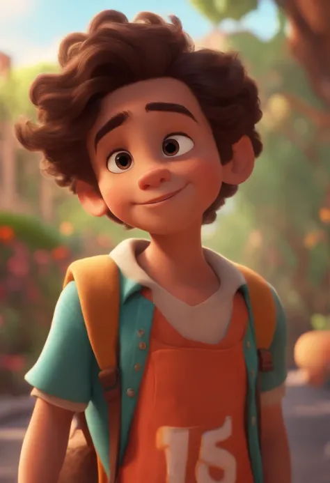 Image of a boy for a story in a YouTube video in Pixar format, Hes tall, tem cabelo cortados bem baixos, Hes the class leader, Hes outgoing, Playful and gets up for a lot of things, cabelo curto