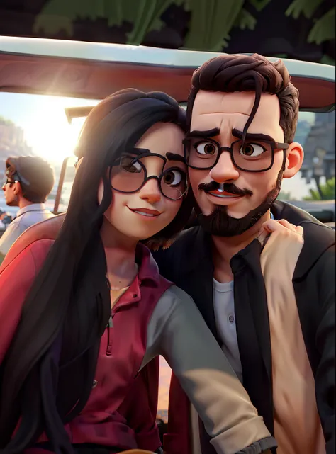 Young couple with sunglasses and passionate look. O jovem rapaz tem barba no rosto todo. The two of them are in a very beautiful background landscape