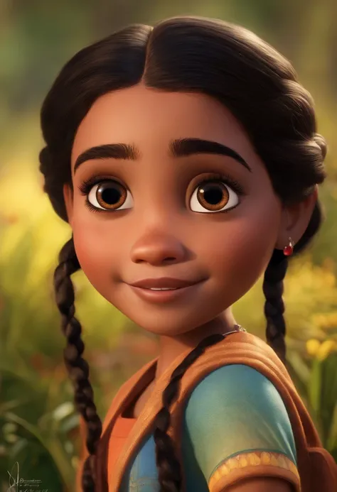 Uma imagem de uma menina estilo desenho da pixar, ela tem quatro anos, She wears two braids in her black hair and has a beautiful smile and big eyes