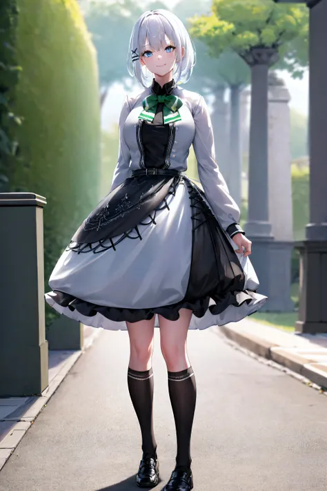 masterpiece, best quality, highres, 1girl white hair blue eyes x hair ornament,wearing black footwear, kneehighs, green skirt, black socks, loafers, green bow, sweater vest, green ribbon, standing, leaning forward, arms behind back, smile, simple backgroun...