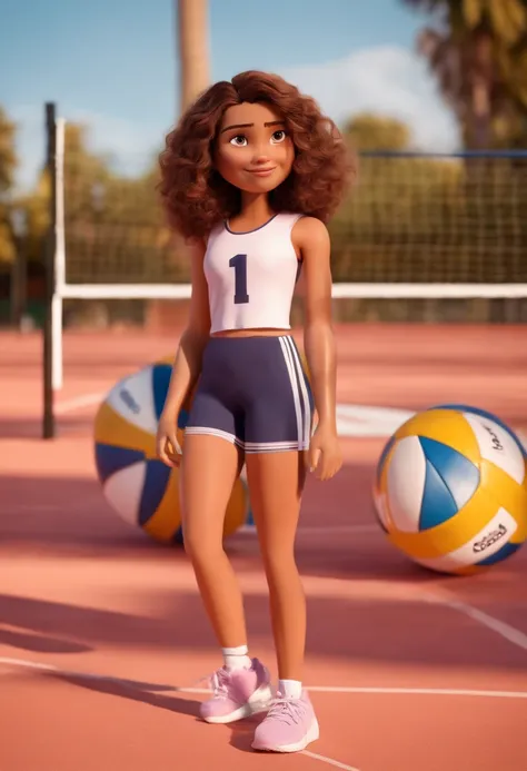 Capa de filme pixar, menina com cabelos com mechas loiras, olhos castanhos. Vestida com leggings e blusa rosa adidas, Holding a volleyball in a volleyball court backdrop in the background.