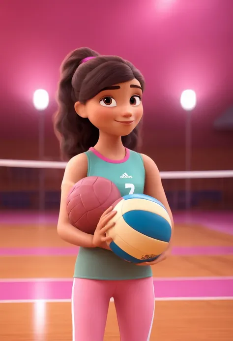 Capa de filme pixar, menina com cabelos com mechas loiras, olhos castanhos. Vestida com leggings e blusa rosa adidas, Holding a volleyball in a volleyball court backdrop in the background.